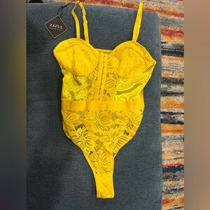 NEW Yellow lacy/mesh bodysuit size L